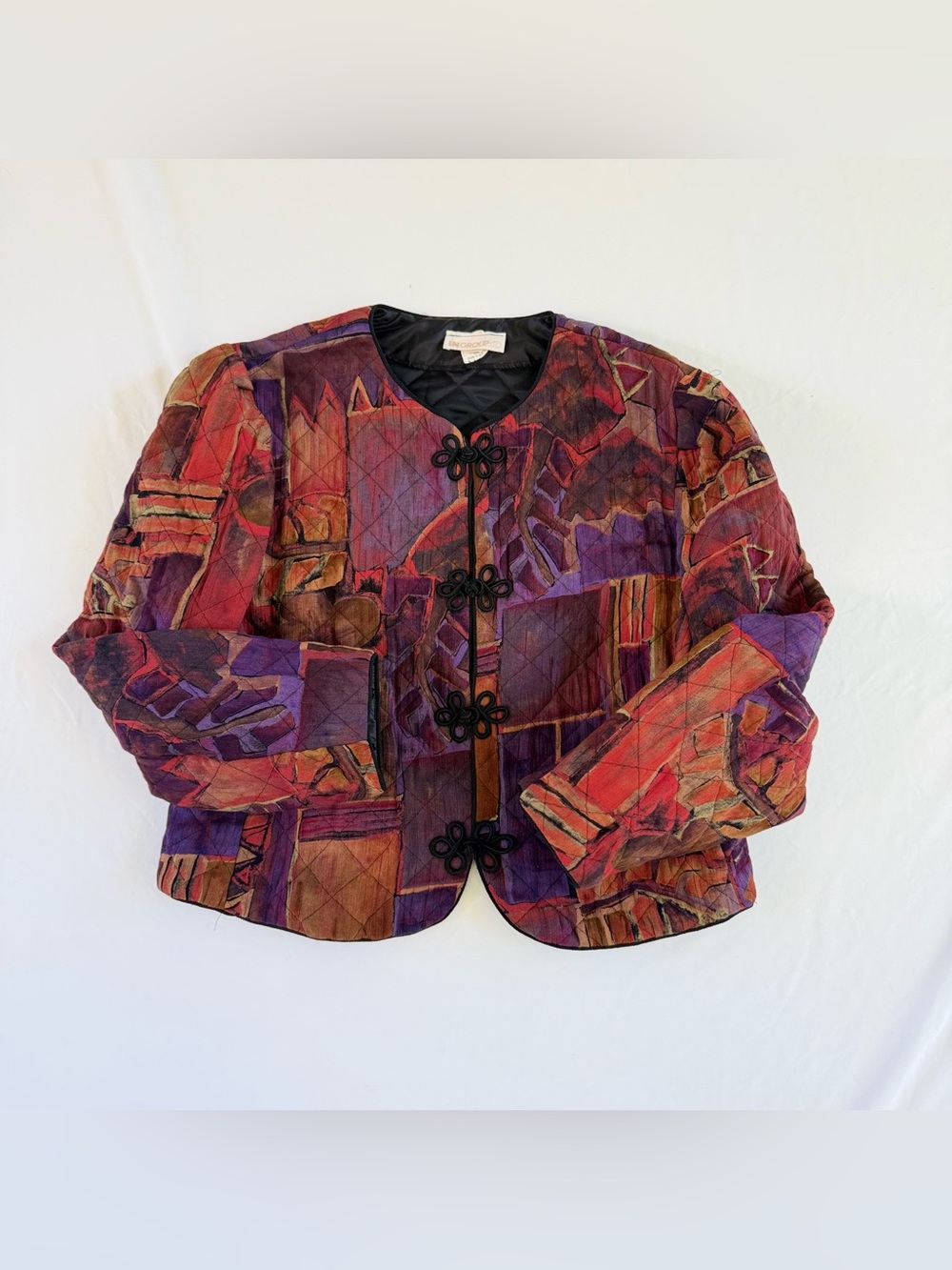 VTG Quilted Cropped Jacket 16 Boho Abstract Artsy Festival Tapestry Patchwork